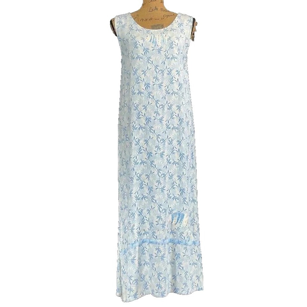 Key‎ Lime Pie Dress SMALL White Blue Leaf Print Bead Detail Long Maxi Beach